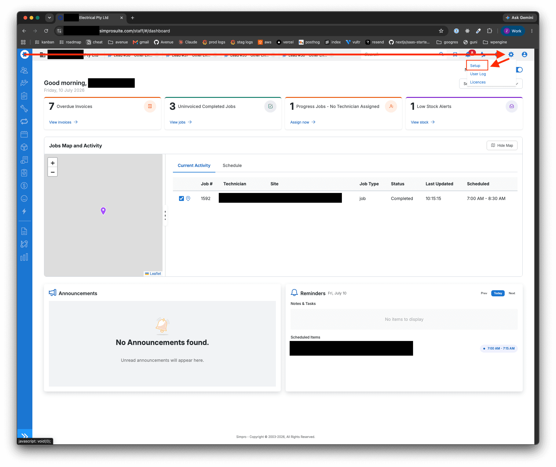 SimPro homepage with the cog menu open in the top right and Setup highlighted