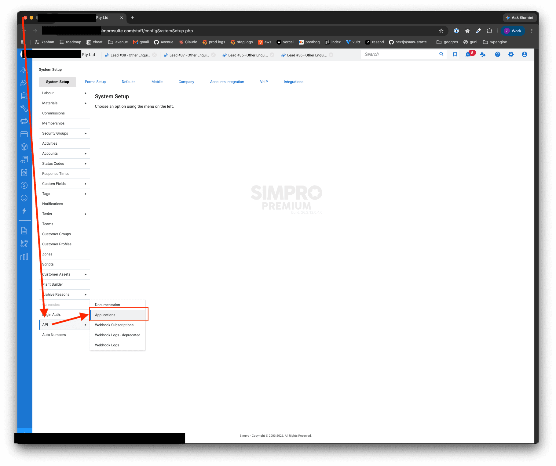 System Setup sidebar with API expanded and Applications highlighted