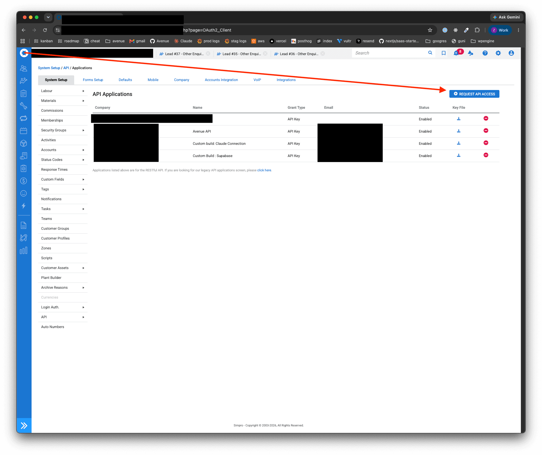 API Applications page with the Request API Access button highlighted