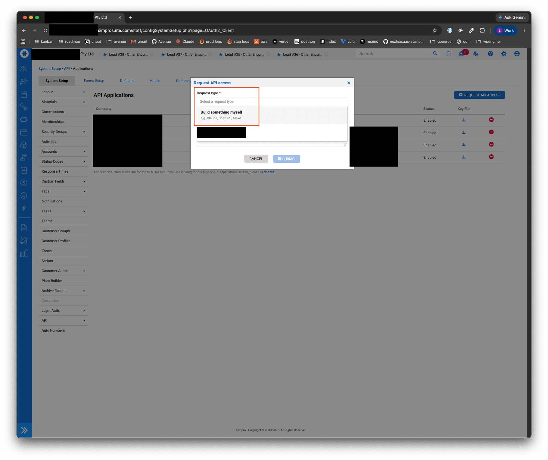 Request API access dialog with Build something myself selected as the request type