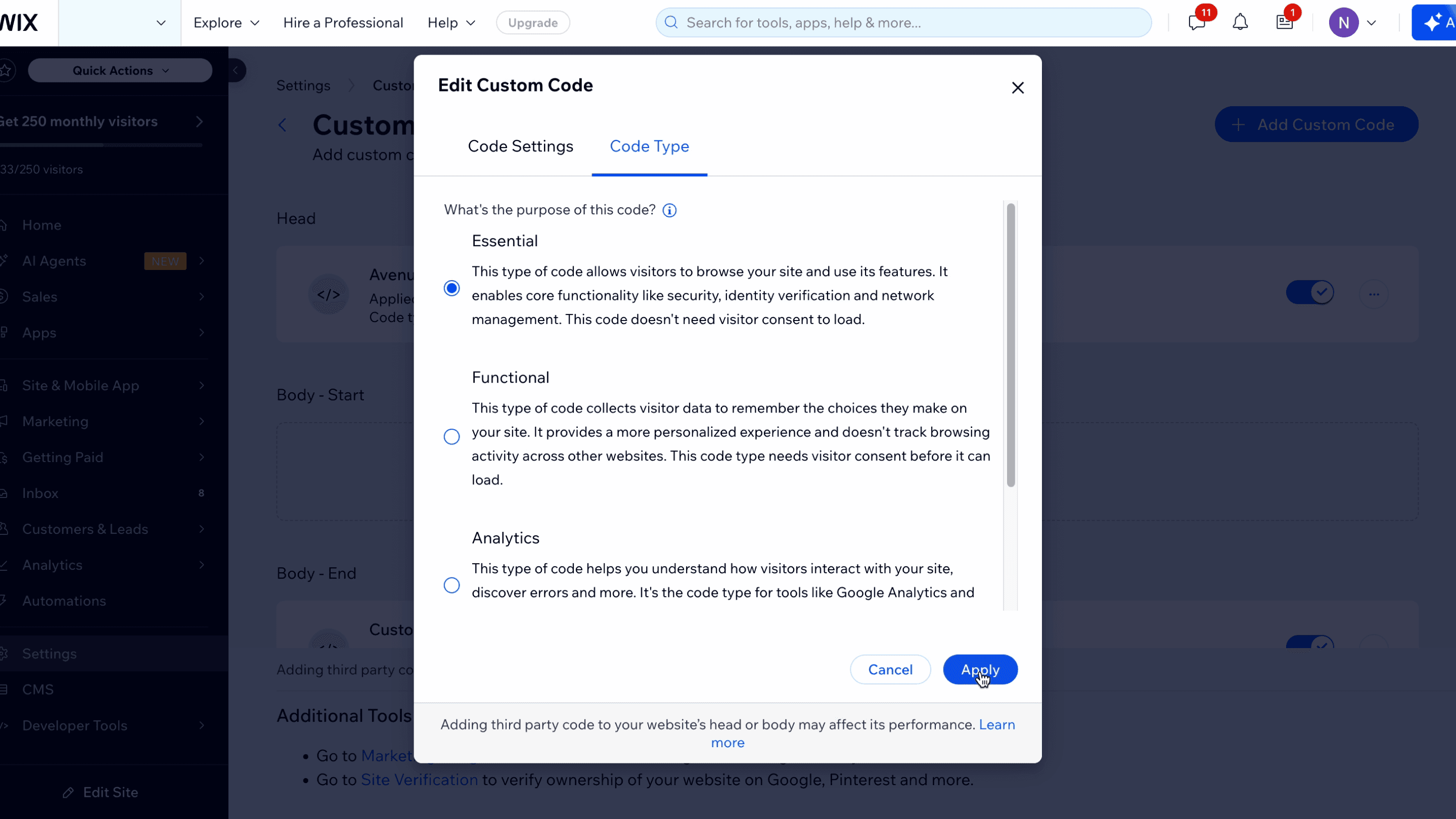 Set code type to Essential and apply