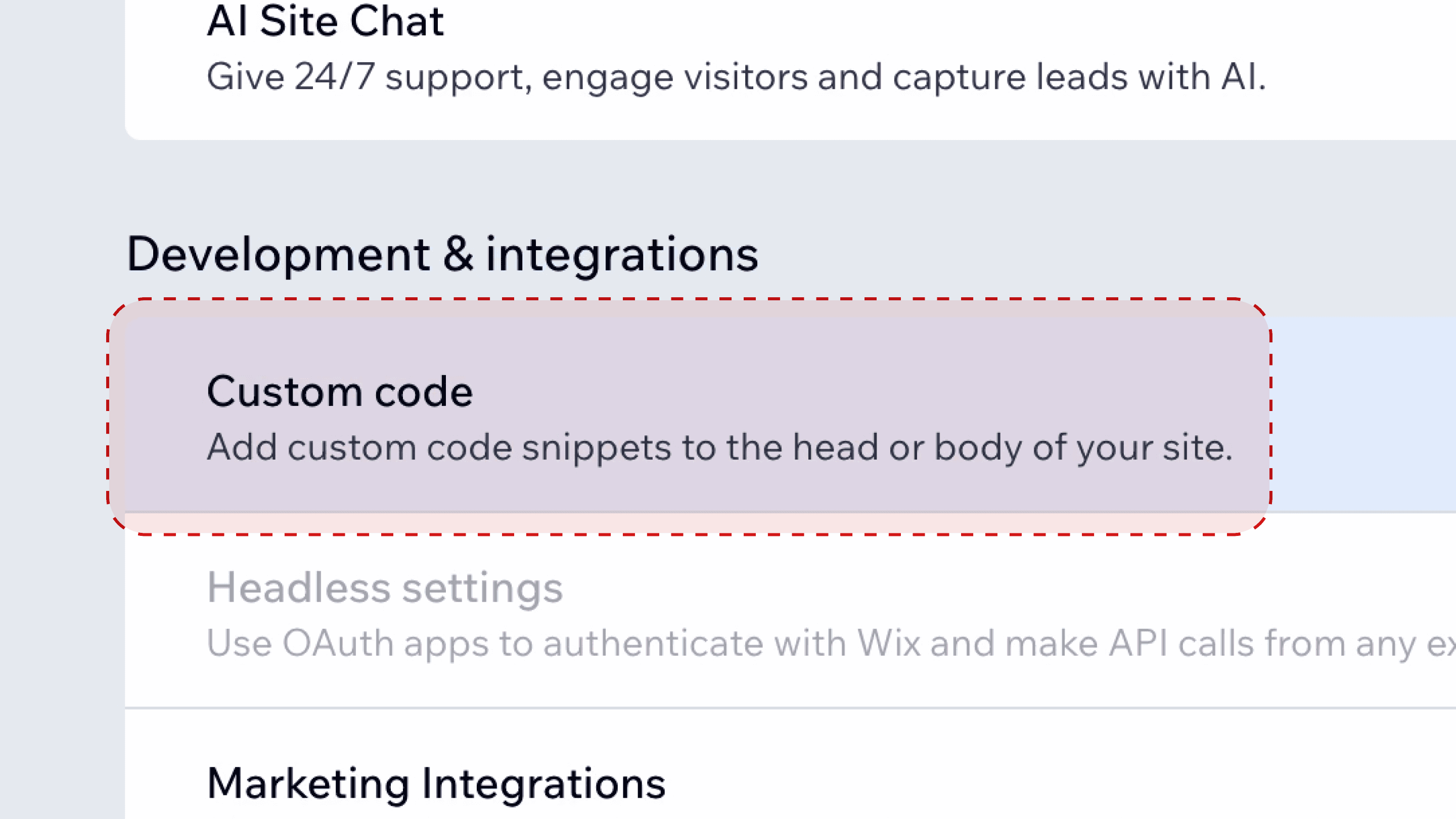 Open Custom code under Development and integrations